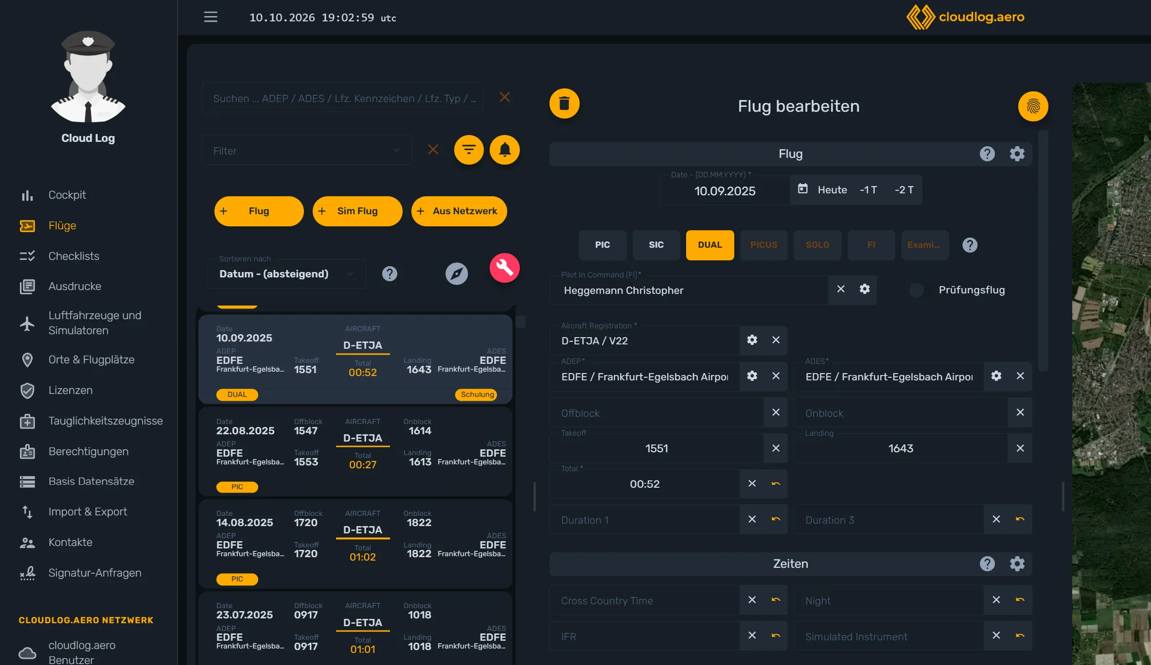 Flugübersicht in cloudlog.aero mit den Buttons „Flug“, „Sim Flug“ und „Aus Netzwerk“