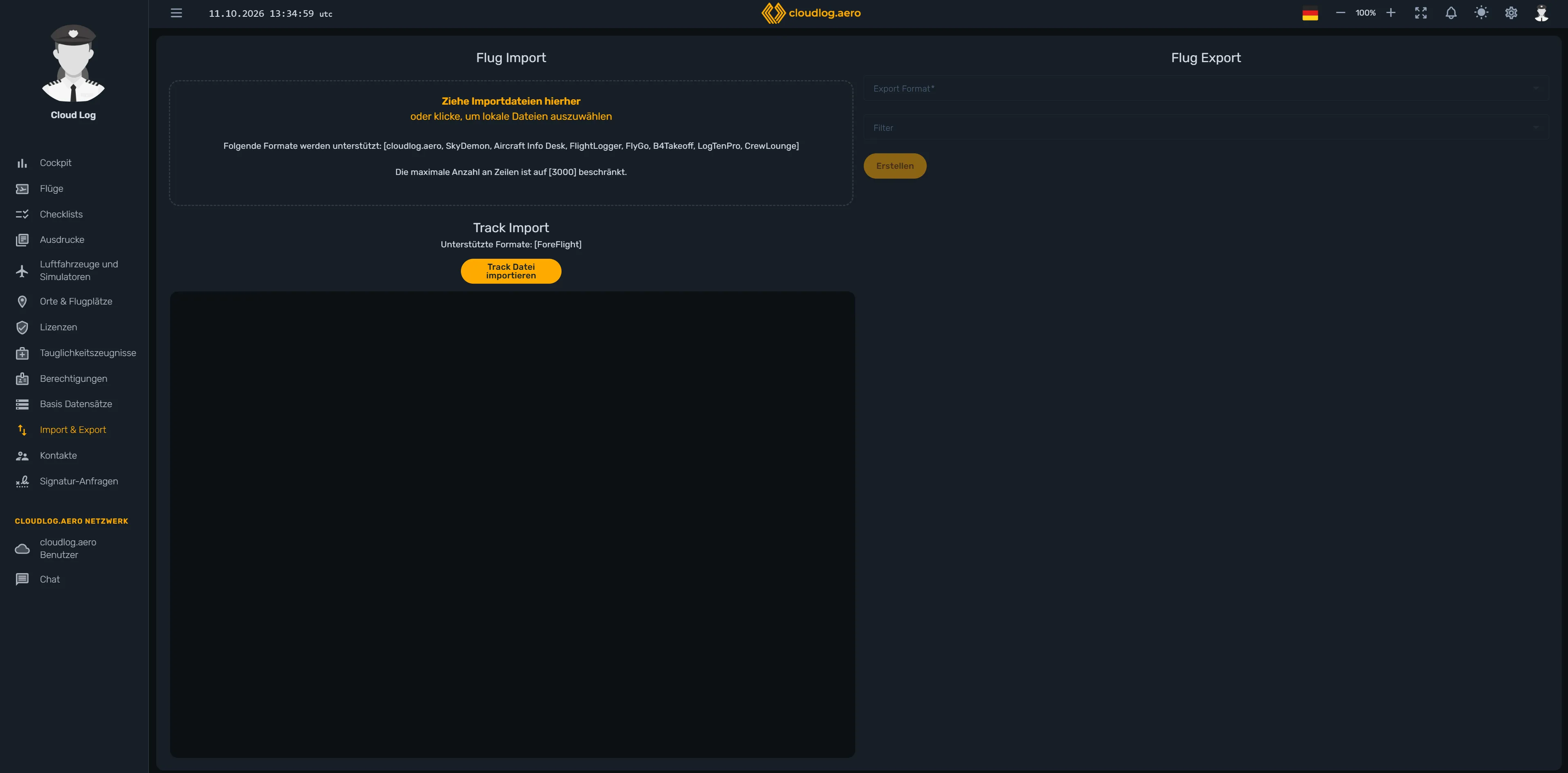 Seite „Import & Export” in cloudlog.aero mit der Upload-Fläche links und dem Export-Bereich rechts