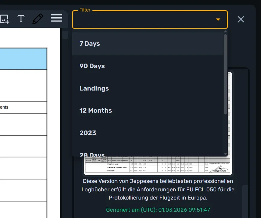 Geöffnetes Filter-Dropdown über der Vorlagenliste mit Auswahlmöglichkeiten wie Zeitraum und Landungen