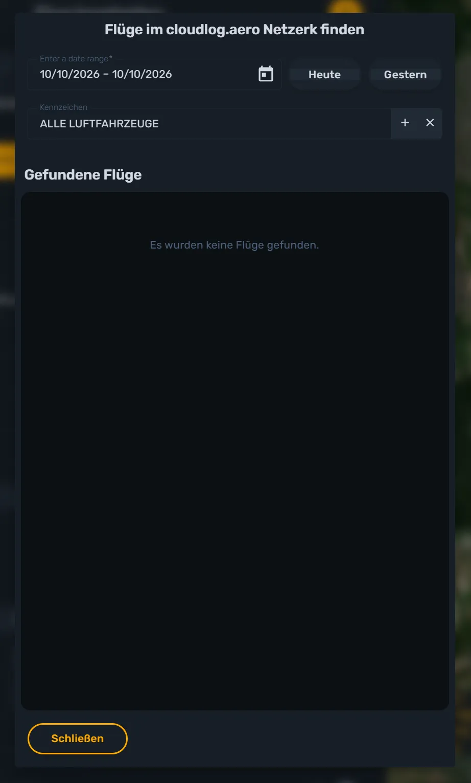 Dialog „Flüge im cloudlog.aero Netzwerk finden“ mit Zeitraum-Auswahl und Kennzeichen-Feld