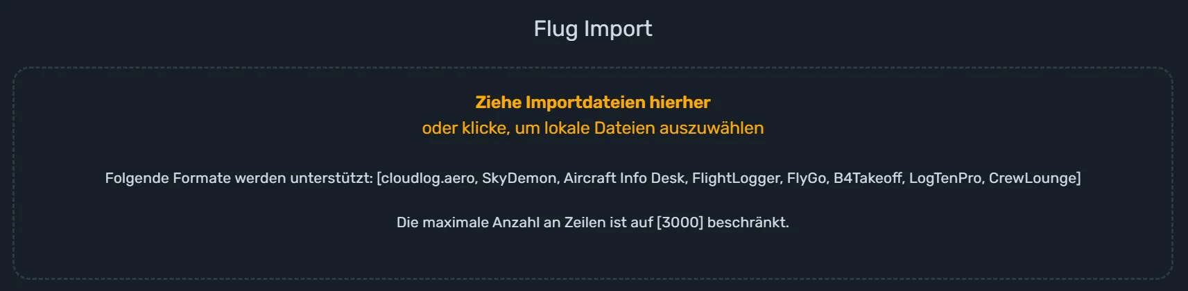 Nahaufnahme der Upload-Fläche mit den unterstützten Formaten und der maximalen Zeilenanzahl