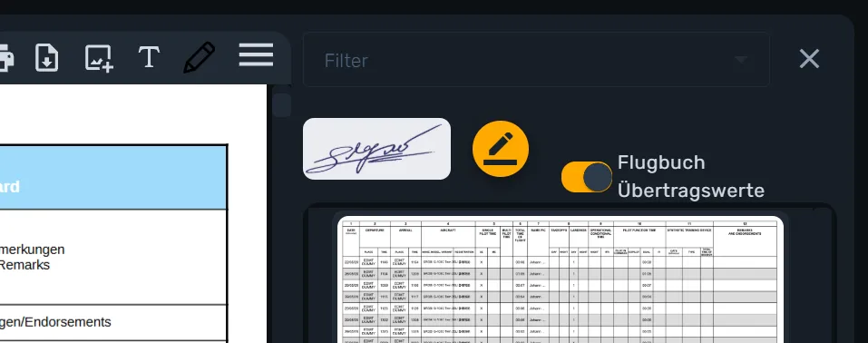 Hinterlegte Unterschrift mit dem Stift-Button „Signatur ändern” und dem Schalter „Flugbuch Übertragswerte”
