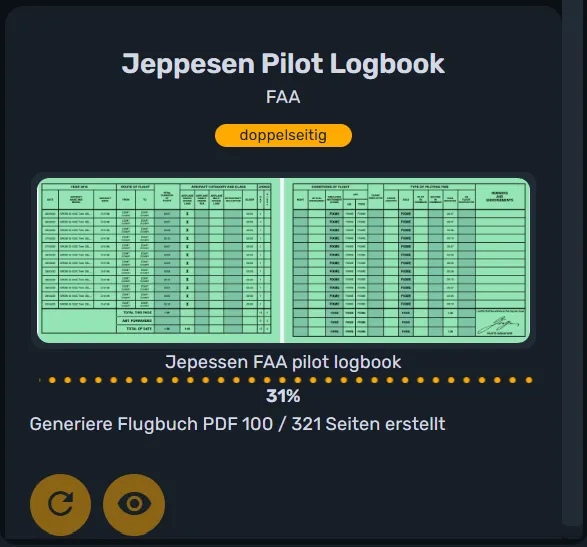 Fortschrittsanzeige bei der Generierung der Vorlage „Jeppesen Pilot Logbook” mit Prozentangabe und Seitenzahl