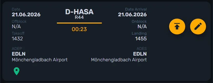 Nahaufnahme einer Ergebniszeile mit den beiden Aktions-Icons „Flug importieren“ und „In den Editor übernehmen“