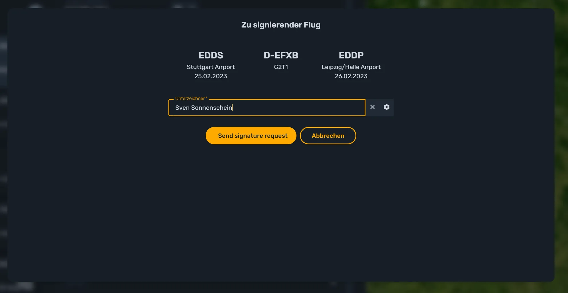 Dialog „Zu signierender Flug“ mit Flugübersicht, Auswahlfeld „Unterzeichner“ und Button „Send signature request“