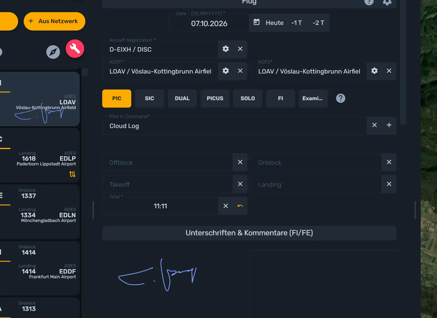 Flugeditor mit ausgefülltem Bereich „Unterschriften & Kommentare (FI/FE)“ inklusive hinterlegter Unterschrift