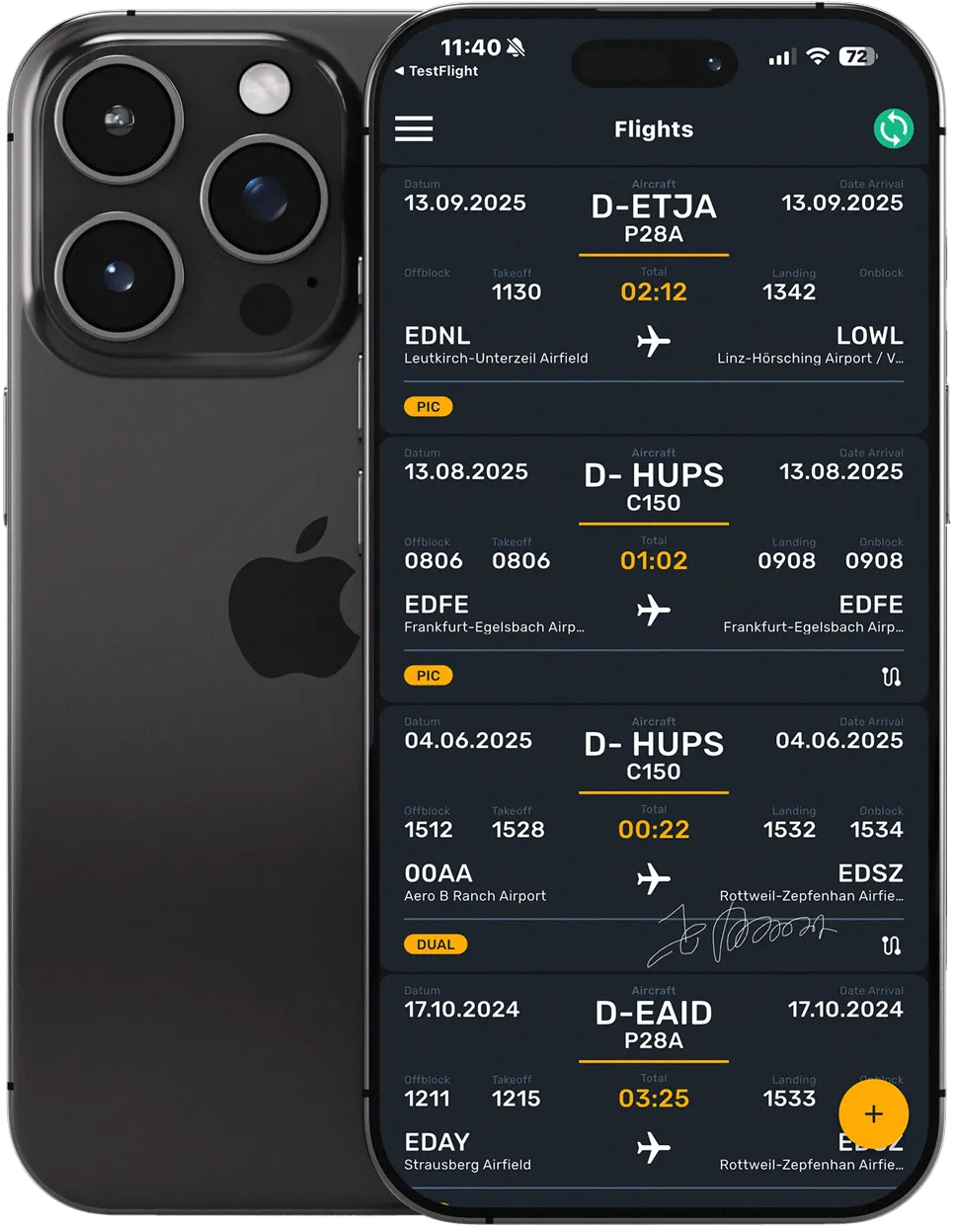 Die cloudlog.aero App auf dem iPhone mit der Flugliste in der Nachtansicht