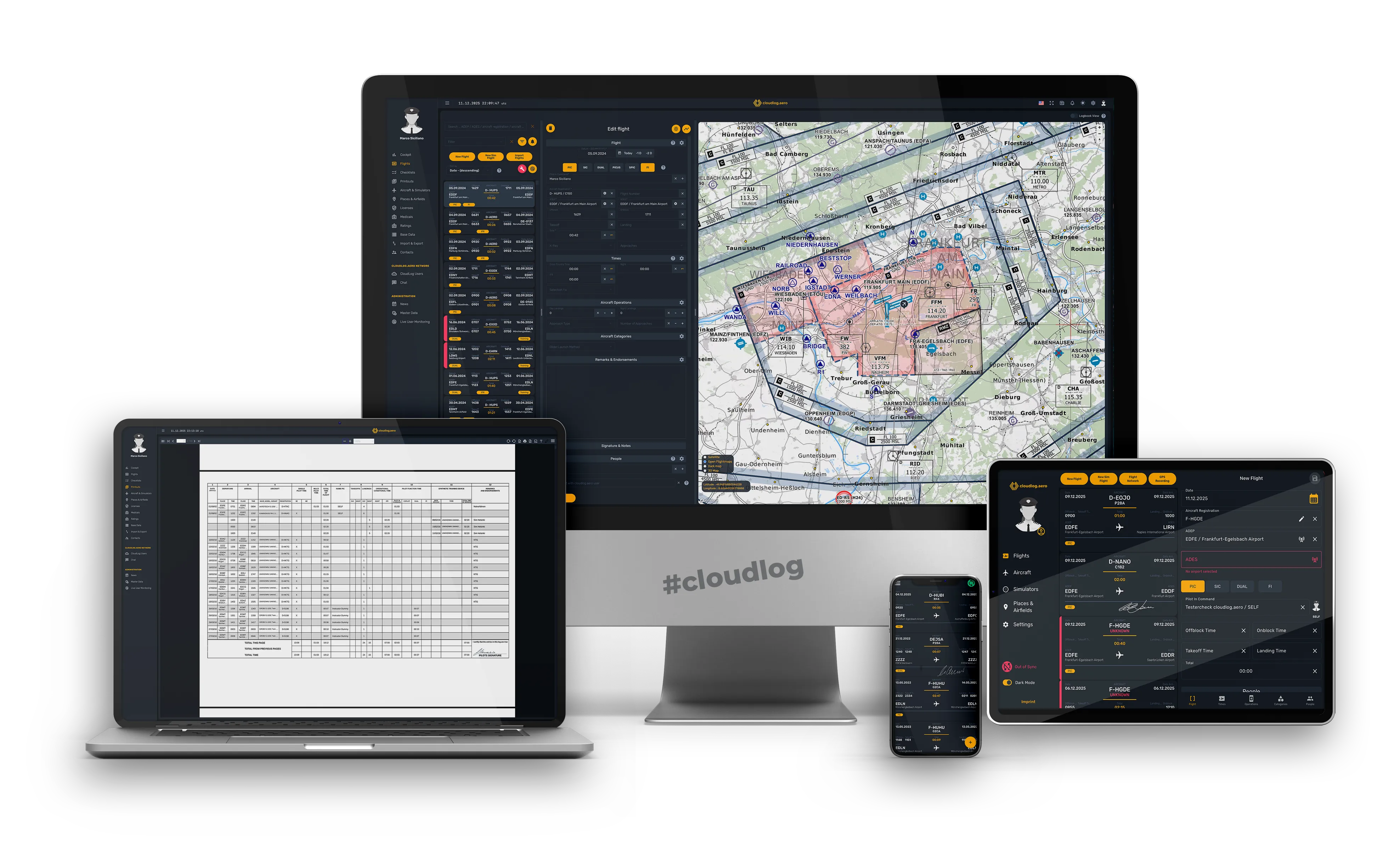cloudlog.aero auf Monitor, Laptop, Tablet und Handy — Flugeditor, Karte und der fertige Ausdruck