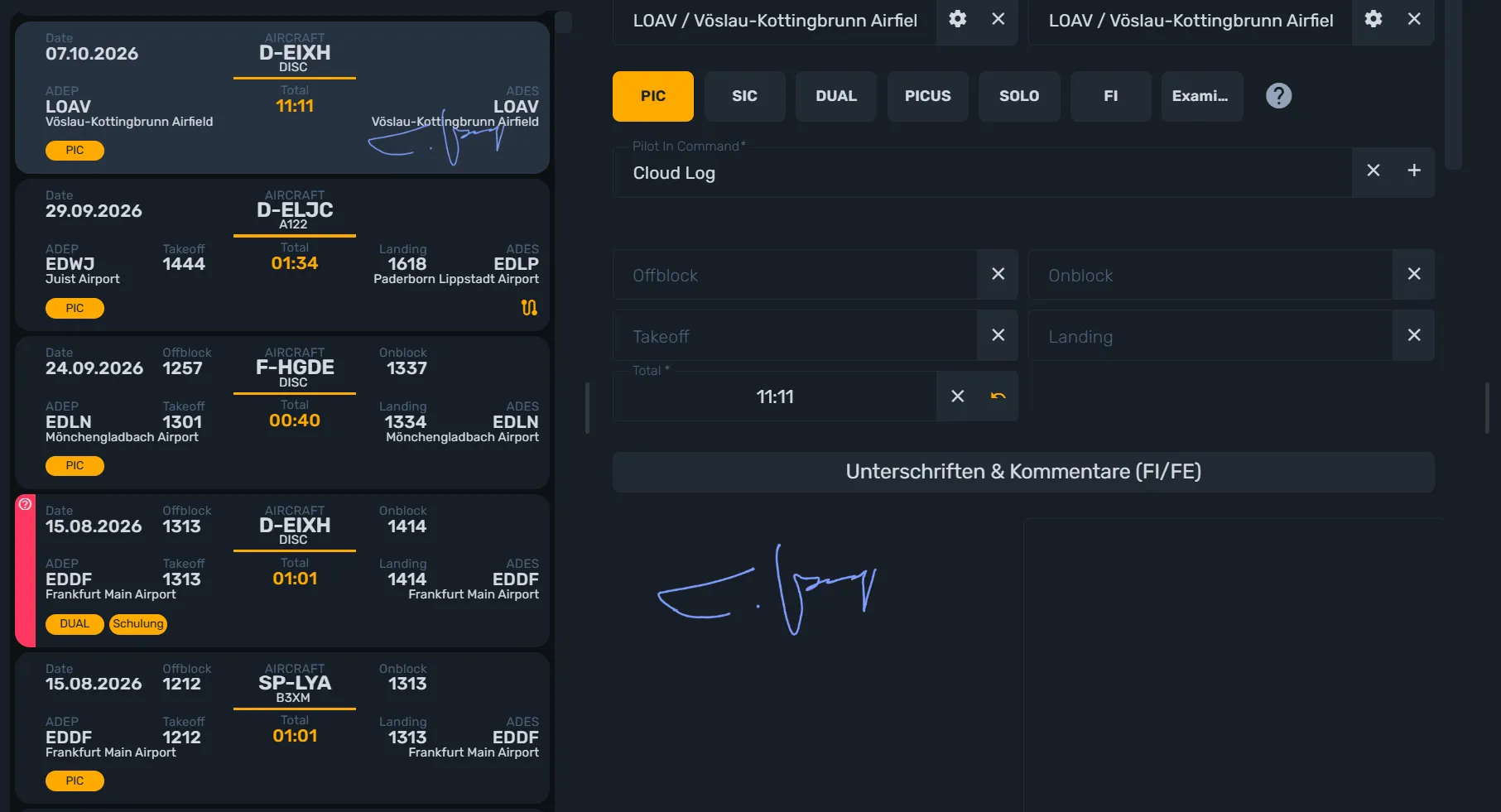 Signatur für einen Flug anfragen und erteilen: Schritt für Schritt in cloudlog.aero