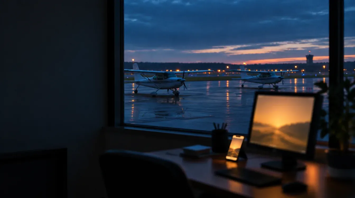 Blick aus dem Buero einer Flugschule auf das Vorfeld in der Daemmerung, davor Monitor und Handy mit denselben Daten