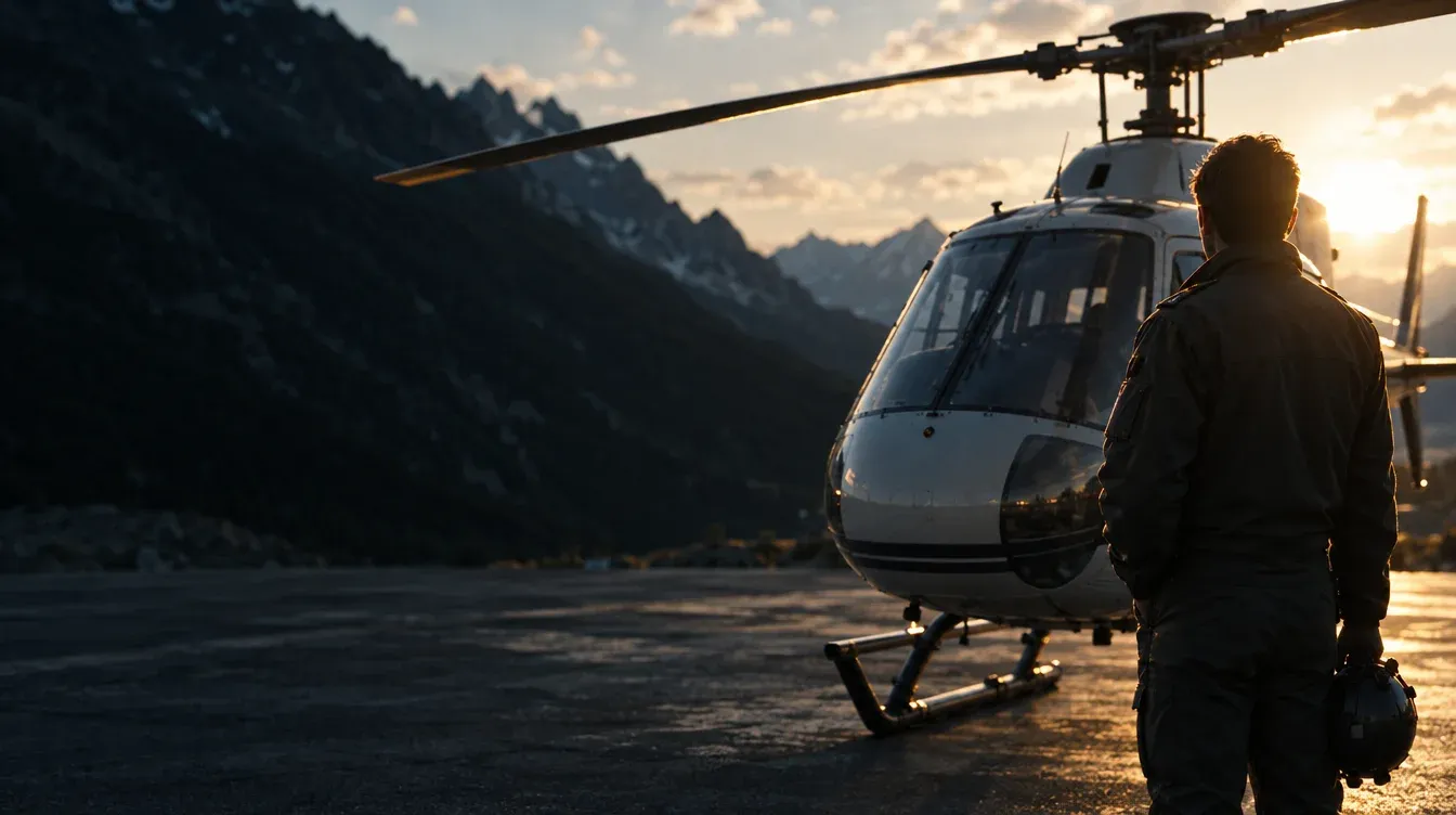 Pilot mit Helm in der Hand steht vor einem Hubschrauber auf einem Landeplatz im Gebirge, Abendsonne