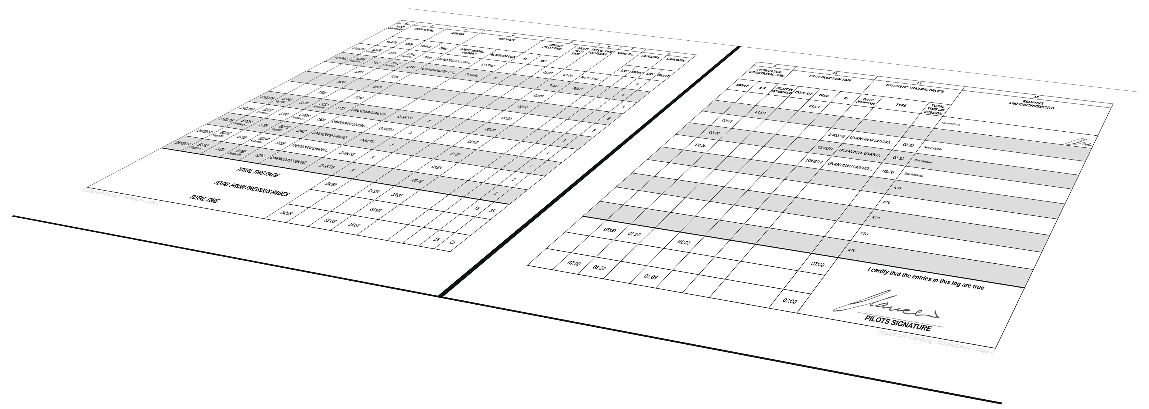 Ausgedruckte Flugbuch-Doppelseite im EASA-Layout mit Pilotenunterschrift