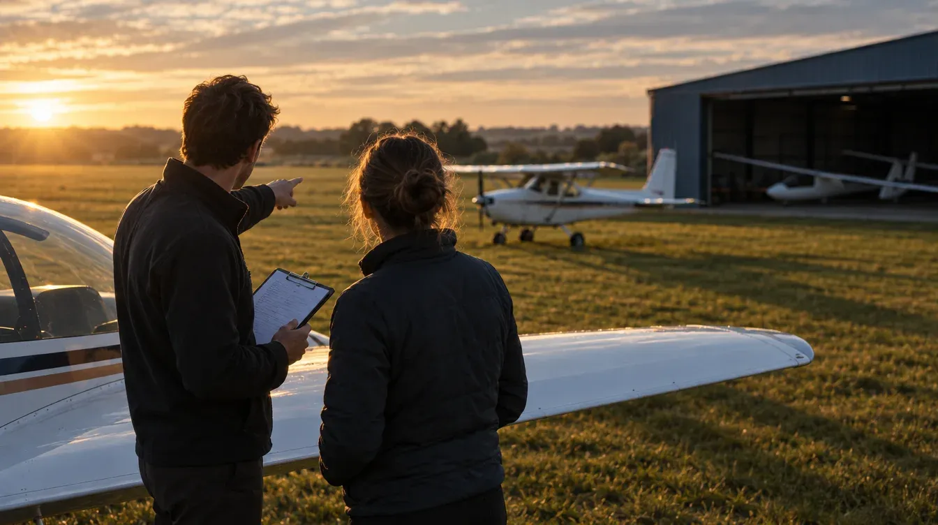 Fluglehrer mit Klemmbrett erklärt einer Schülerin etwas an der Tragfläche, dahinter Flugplatz und Halle im Abendlicht