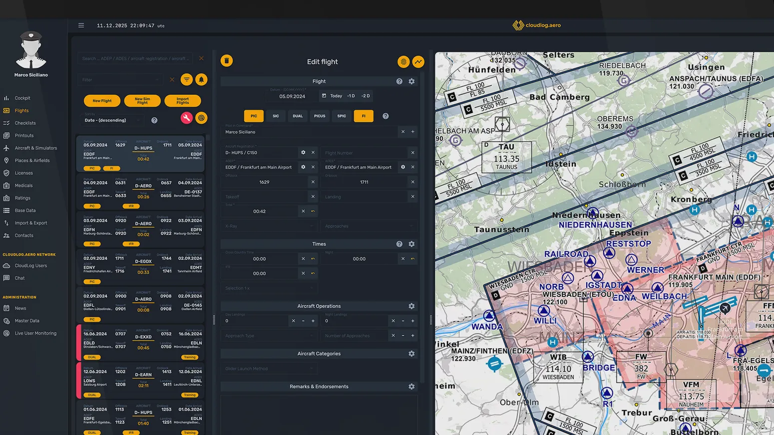 Die cloudlog.aero Webapp mit Flugliste, Flugeditor und Luftfahrtkarte
